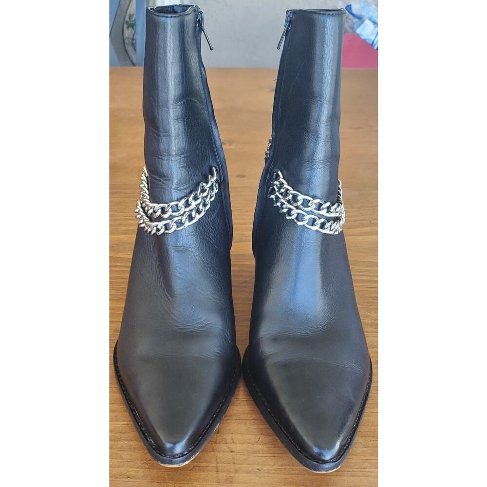 Matisse Caty Chain Western Ankle Boots Black Leather Pointed Toe Block Heel Sz 9